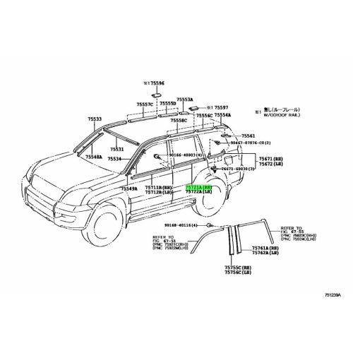 Водобранна лайсна 7572160061 75721-60061 задна дясна врата Toyota